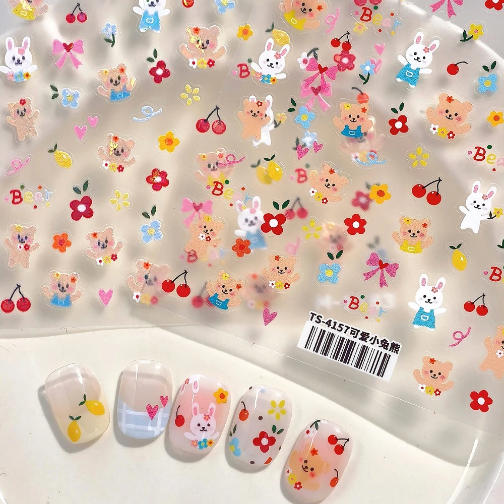 

Lovely Bear Rabbit Flowers Bowknot Love Cherry Lemon Cartoon 3D Self Adhesive Nail Art Stickers Cute Shiny Manicure Decals