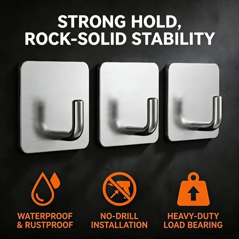 Self Adhesive Stainless Steel Hooks, Punch-Free Strong Load Bearing Wall Hanger for Towel Coat