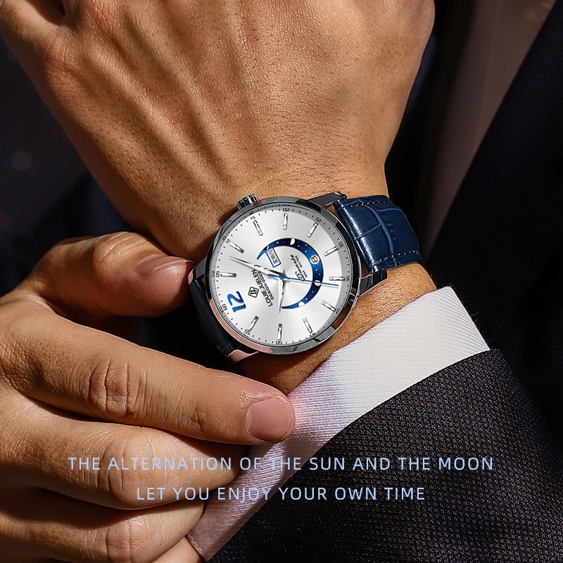 BELUSHI Moon Phase Wrist Watches Men Luxury Top Brand Waterproof Fashion Calendar Week Quartz Gift Clock Sports Luminous Leather