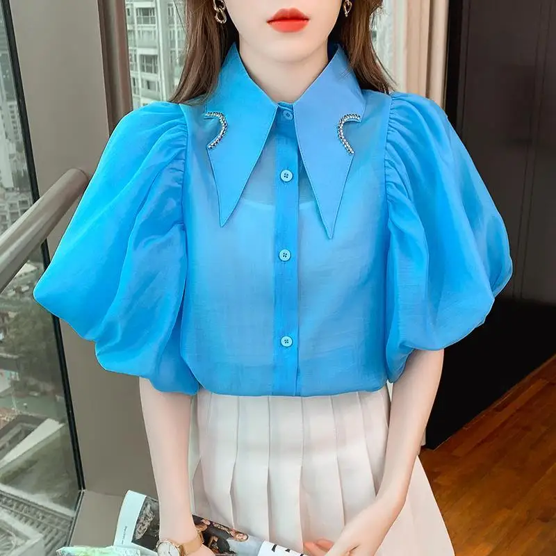 Korean Style Beads Rhinestones Pointed Collar Puff Sleeve Chiffon Shirt 2024 Summer New Fashion Short  Blouse Women Tops