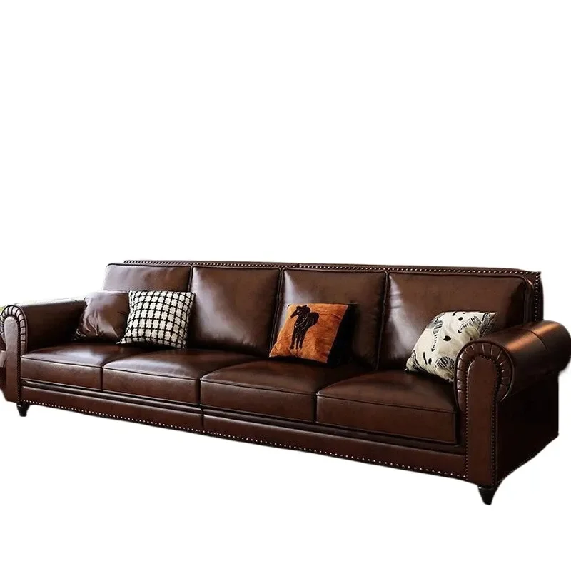 Customized American Big Barton Leather Sofa Oil Wax First Layer Cowhide Brown Retro Style Living Room Villa Furniture