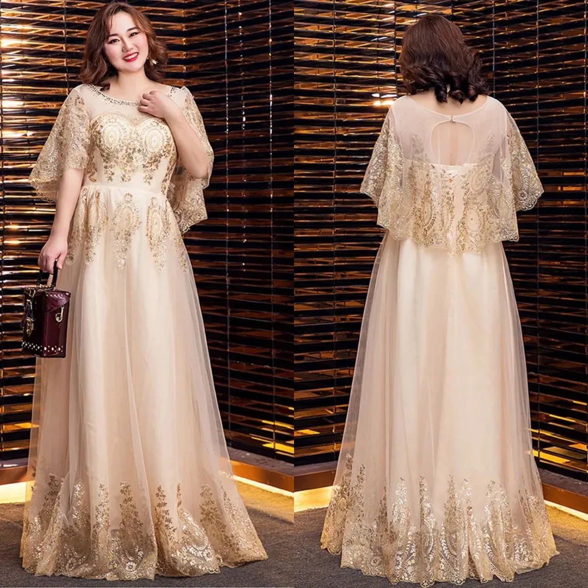 

Evening Dresses Champagne Beads Glitter O-Neck Half Sleeves Robe De Soiree A-Line Floor length Plus size Women Party Formal Gown