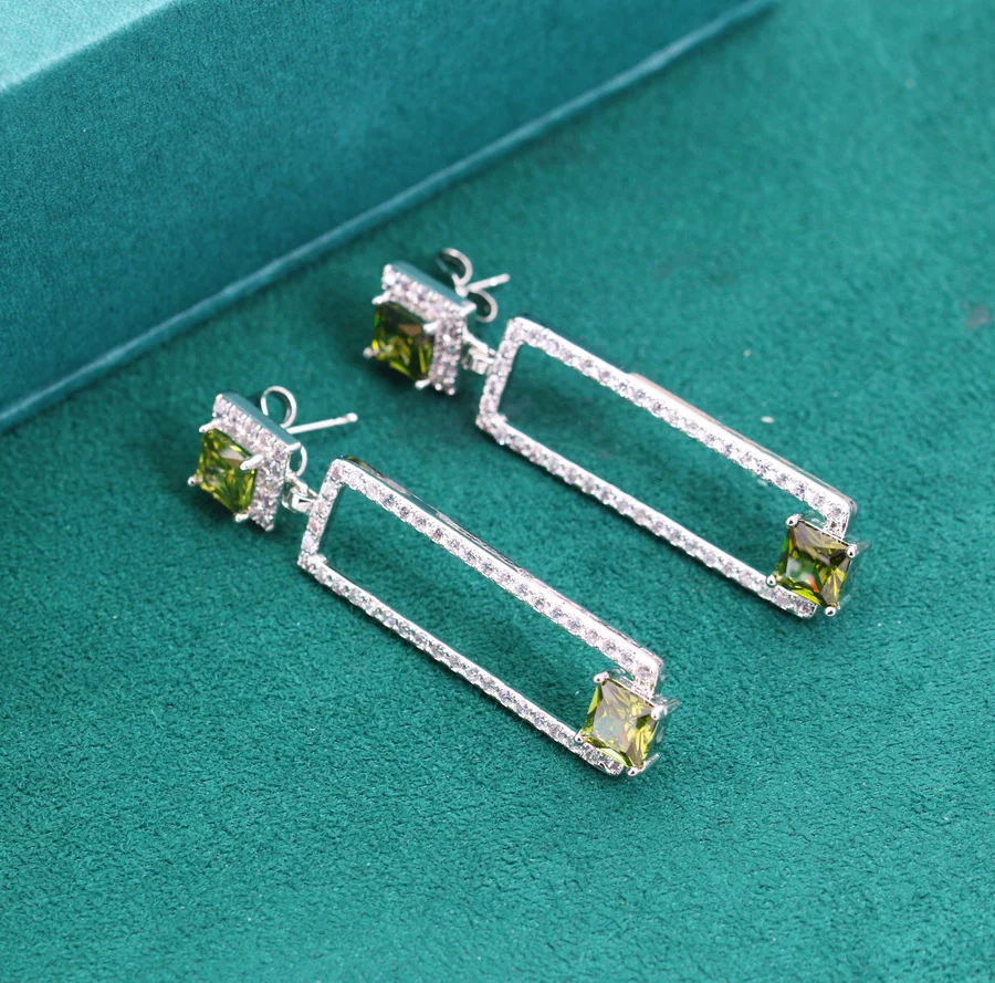 Ensembles de bijoux de mariage en argent 925 pour femmes, pierre vert olive géométrique, incrustation pour femmes, boucles d'oreilles, matiques, bracelet, ensemble de colliers, cadeau de jour