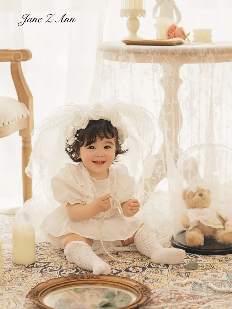 Children photography clothing baby toddler sitter size clothing retro small wedding dress white princess headscarf socks