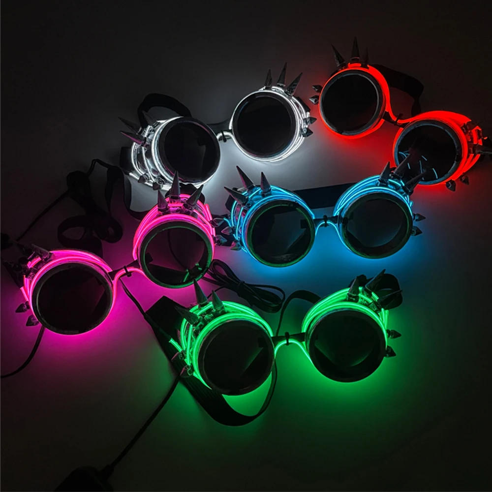 LED Light-up Rivet Goggles Glowing Glasses Futuristic Techwear Style Eyewear Party Bar Halloween Cosplay Rave Costume Accessory