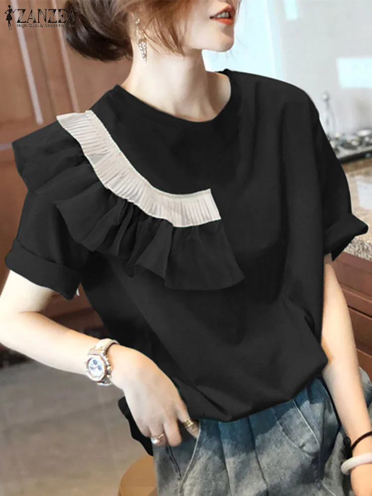 

ZANZEA Elegant Women Office Blouse 2024 Summe Luxury Party Short Sleeve Tunic Fashion Blusas Chic Ruffled Stitching Tops Shirt