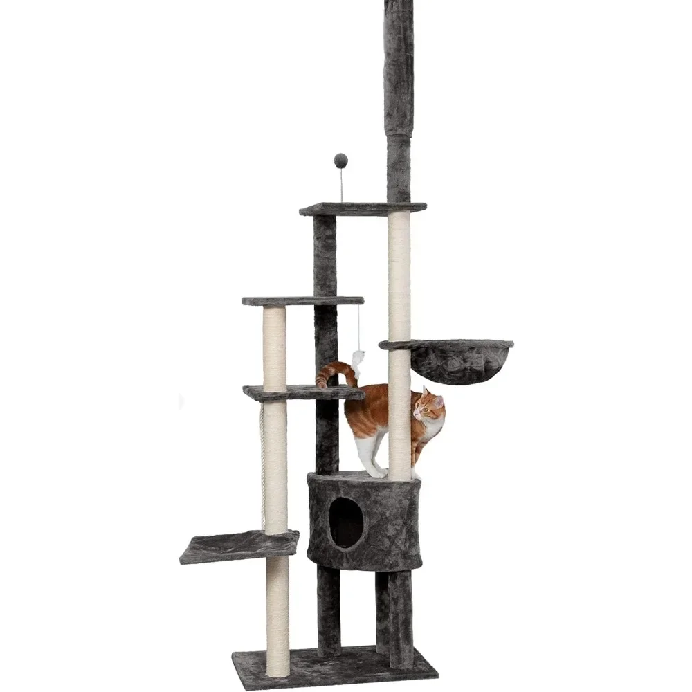 

100"-113" Tall Cat Tree for Indoor Cats w/ Adjustable Height, Sisal Scratching Posts, Skyscraper Interactive Playground Tower