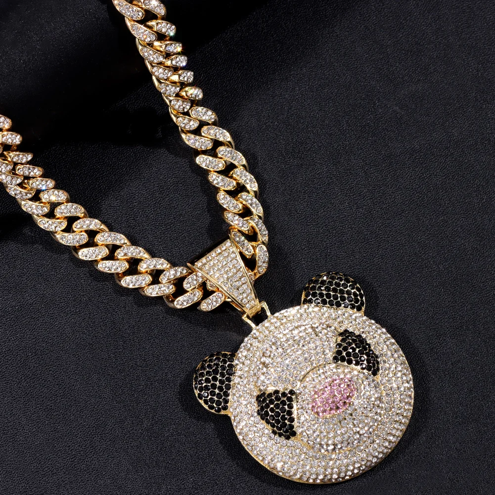 Fashion Bling Crystal Animal Panda Pendant Necklace For Men Women 13mm Iced Out Miami Cuban Link Chain Necklace Hip Hop Jewelry