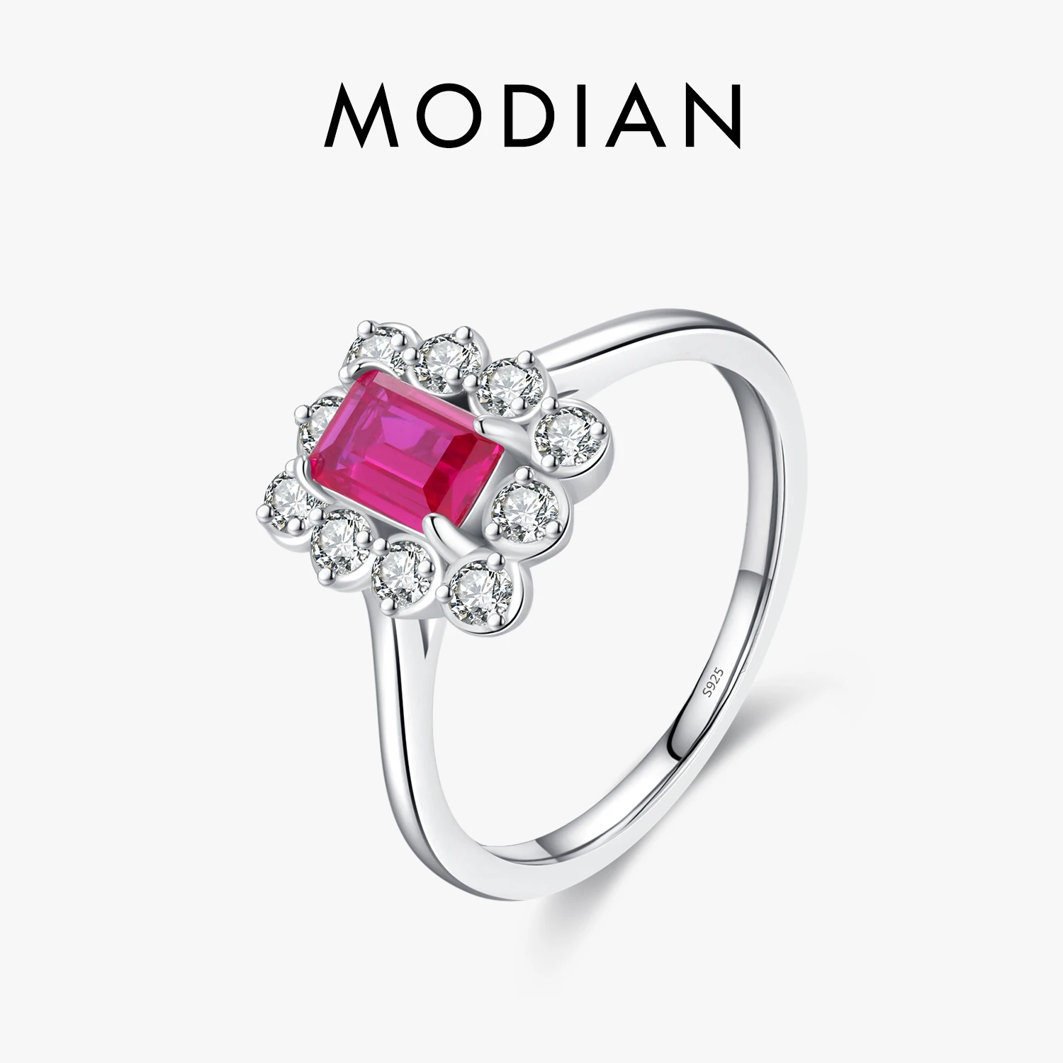 

MODIAN 925 Sterling Silver Vintage Rectangle Red Zirconia Ring Cocktail Party Elegant Jewelry For Women Fine Jewelry