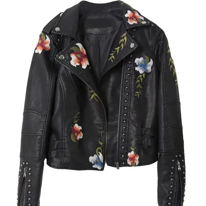 2024 New Trend Fashion Women Printed Leather Jacket, Soft Fur Coat, Lapel, Vintage Style, Black, Punk