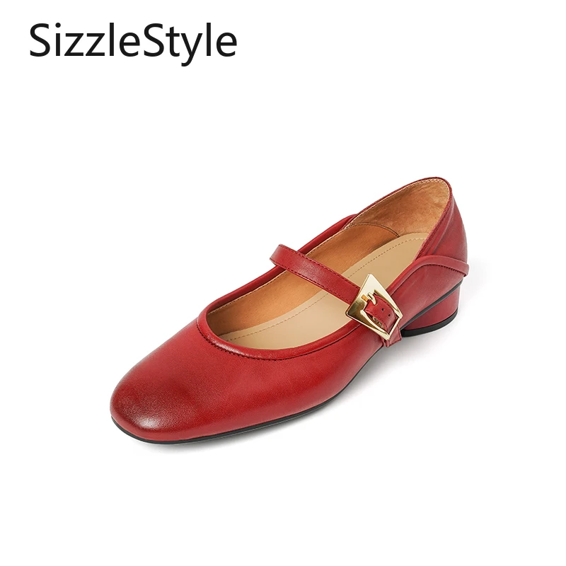 

Fashion Ladies Genuine Leather Retro Round Toe Comfortable Thick Heel Single Buckle Strap Solid Color Simple Mary Jane Shoes