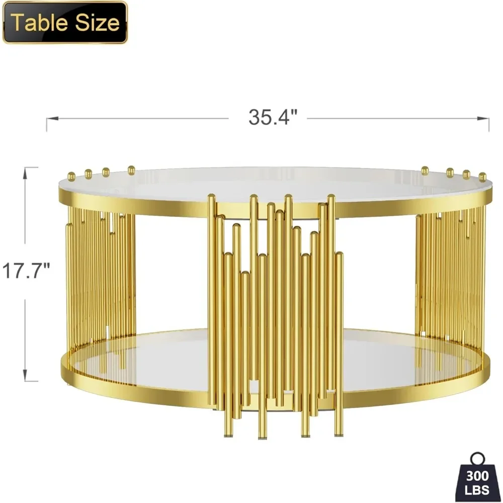 Glass Coffee Table Round Modern Living Room Table, Gold Stainless Steel Metal Leg Clear Tempered Glass, Sofa Center Table