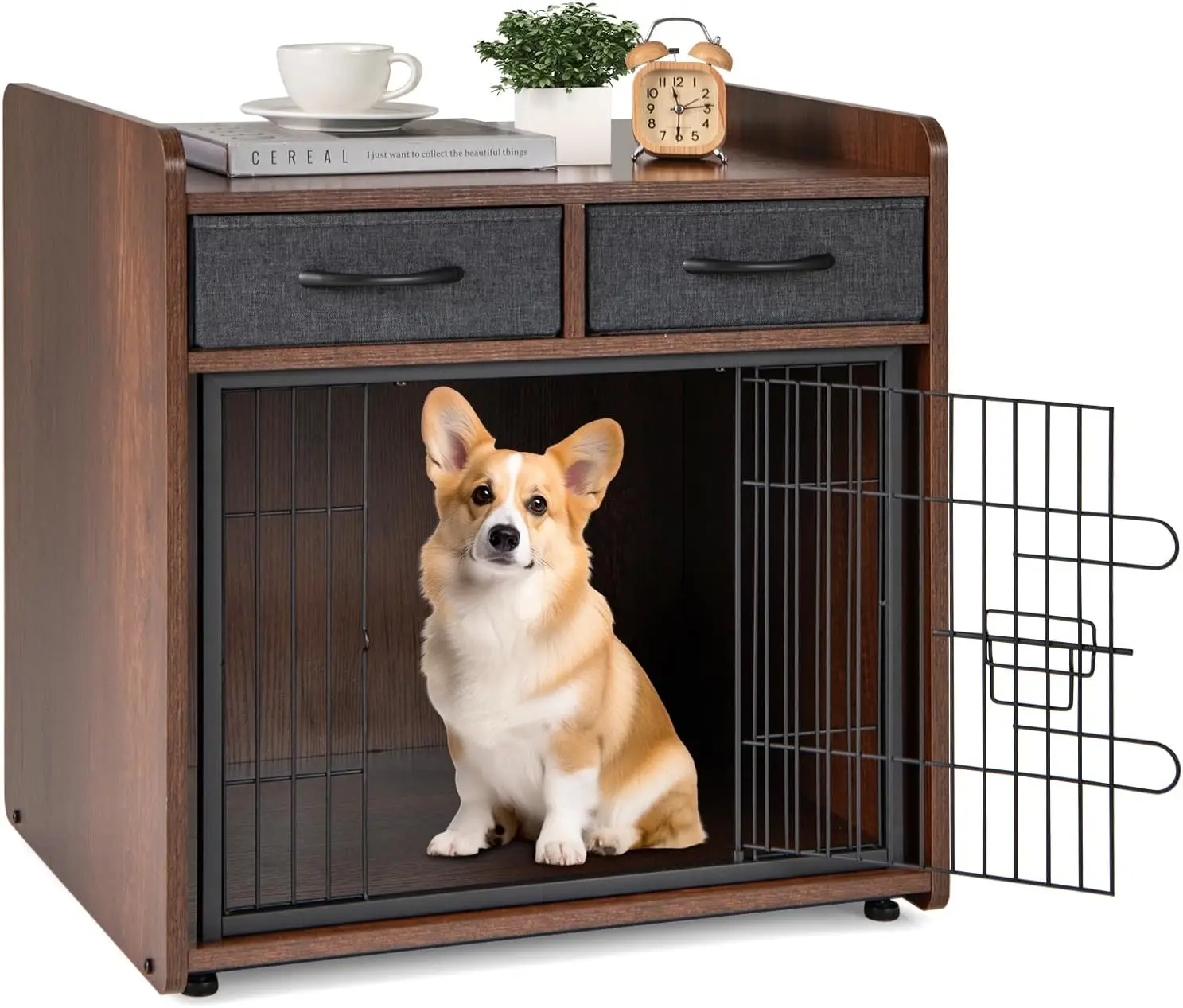 Dog Crate Furniture - Wooden Dog Cage End Table with 2 Storage Drawers, Latched Door, Pet House Dog Kennel Indoor