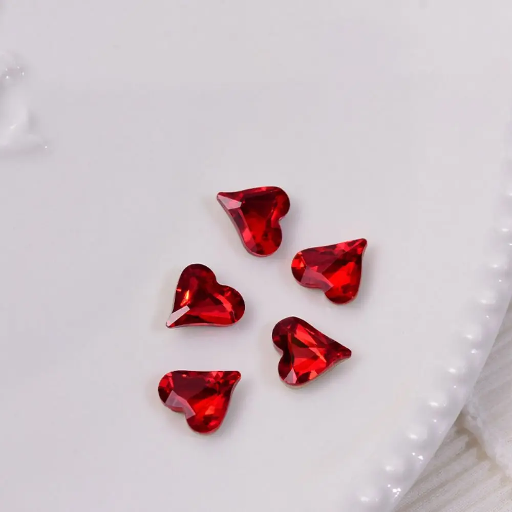 10 Pcs Shiny Red Crystal Nail Art Decorations Wine Red Peach Heart Jewelry Nail Charms Pointed Bottom V Crooked Heart