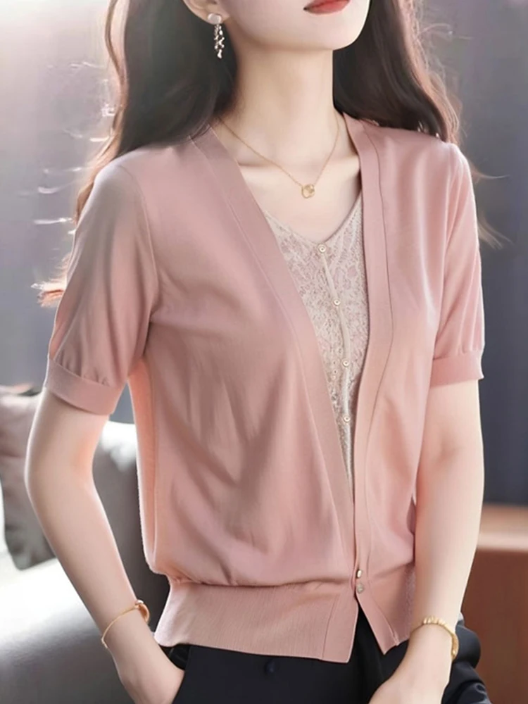 

Summer Lace Splice Design ort Sve Ice Silk Top Ele Agel Knitted Sweater Versatile Commute Sle Korean Straight Cut