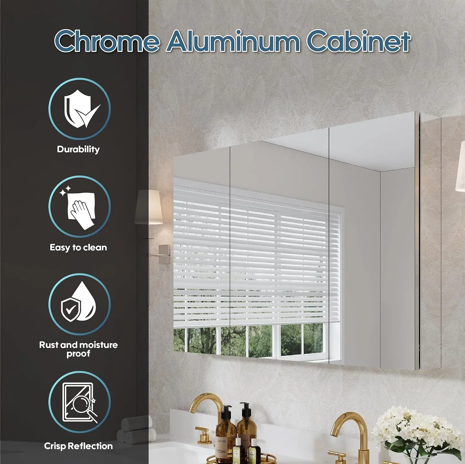 Chrome Aluminum Medicine Cabinet with Mirror & Adjustable Shelves, Surface or Recessed Mount, 48