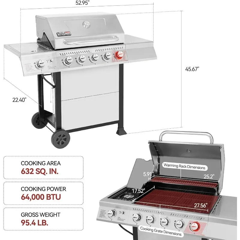 Royal Gourmet GA5401T 5-Burner Propane Gas Grill with Sear Burner and Side Burner, Stainless Steel BBQ Grill with 632 Sq