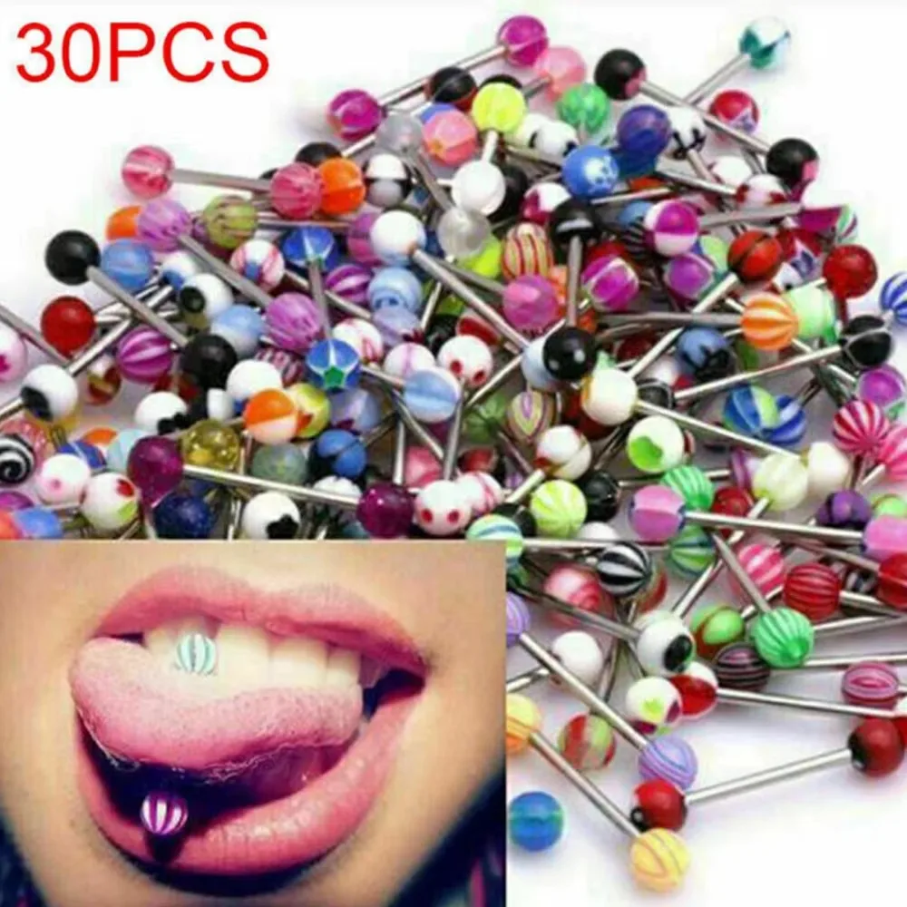30-100pcs/lot Acrylic Barbell Tongue Ring Stainless Steel Tongue Piercing Mixed Color Industrial Barbell Lip Piercing Jewelry