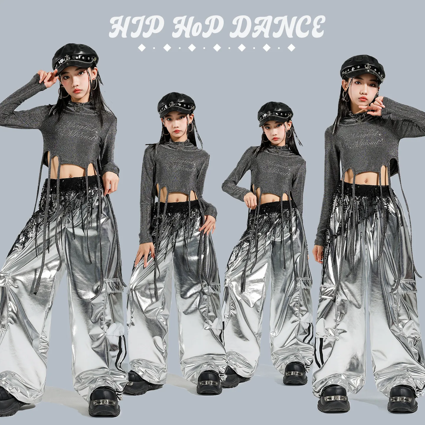 Hip Hop Girl Sequins Shiny Hoodie Crop Tops Kids K-pop Graffiti Cargo Pant Jazz Clothes Sets Child Girl Group Streetwear Costume