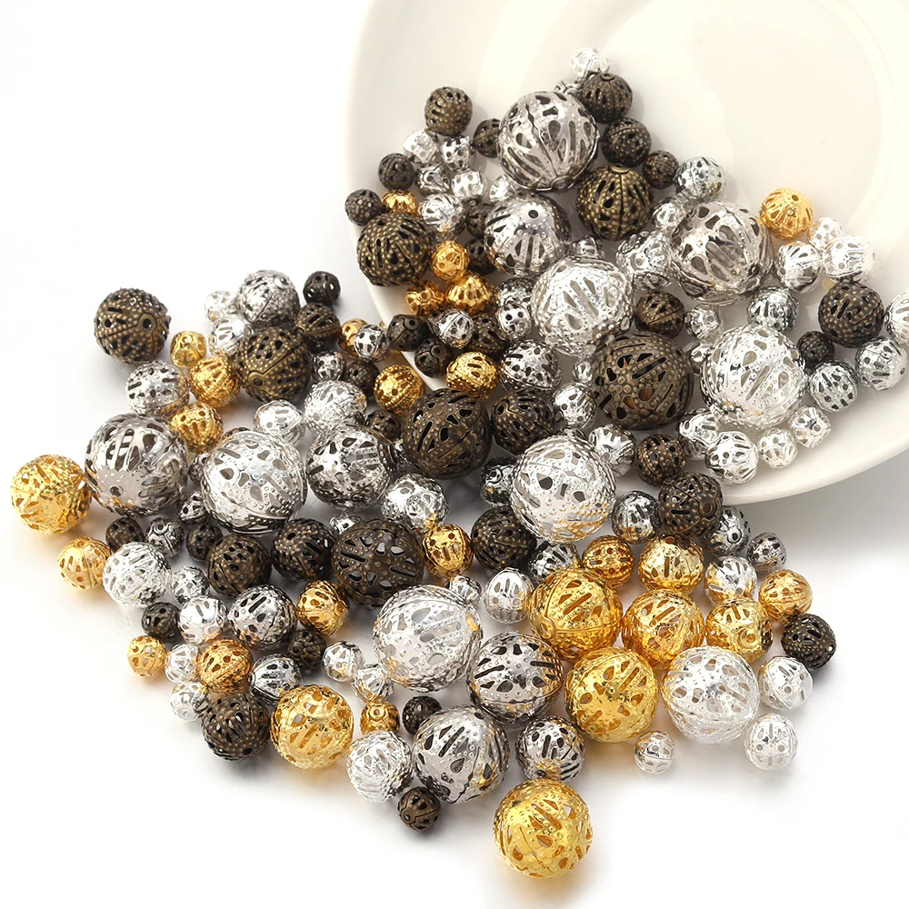 50-100Pcs 4/6/8/10/12/14mm Iran Beads Vintage Flower Lace Hollow Ball Beads For DIY Necklace Bracelet Jewelry Making Accessories