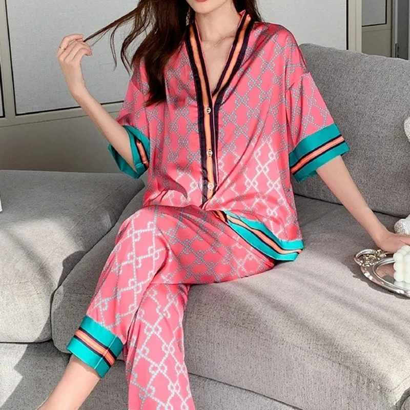 Spring Summer Rose Red Printing Pajama Sets Satin Silk Thin Pajamas Short Sleeves Long Pants Women Sexy Homewear Sleepwear