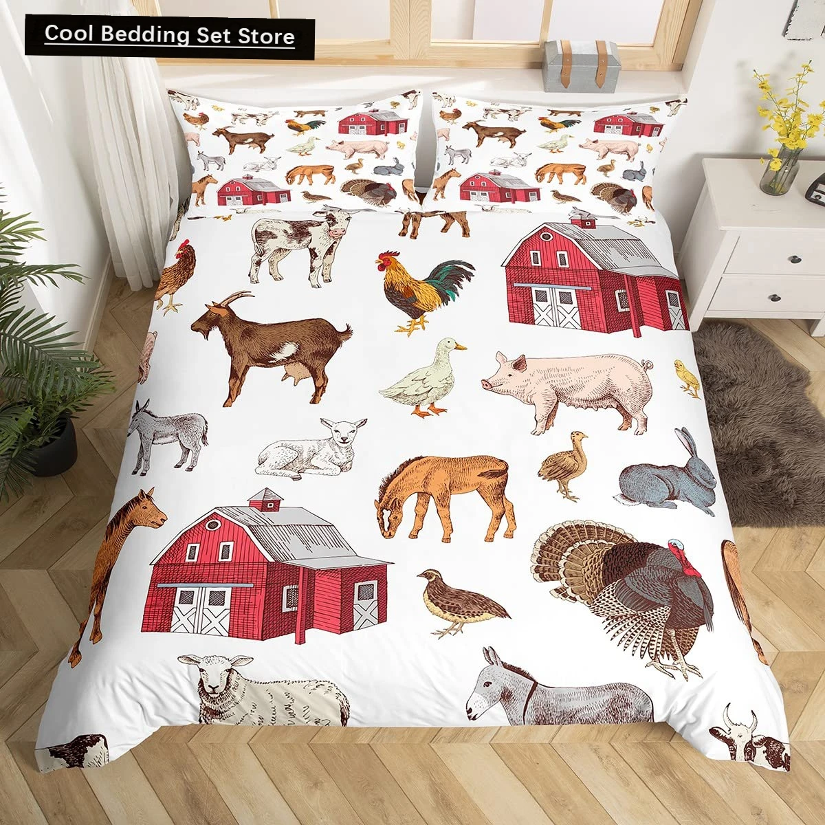 

Farm Animals King Queen Duvet Cover Rooster Sheep Pig Cow Bedding Set Farmhouse Country Comforter Cover Polyester Quilt Cover