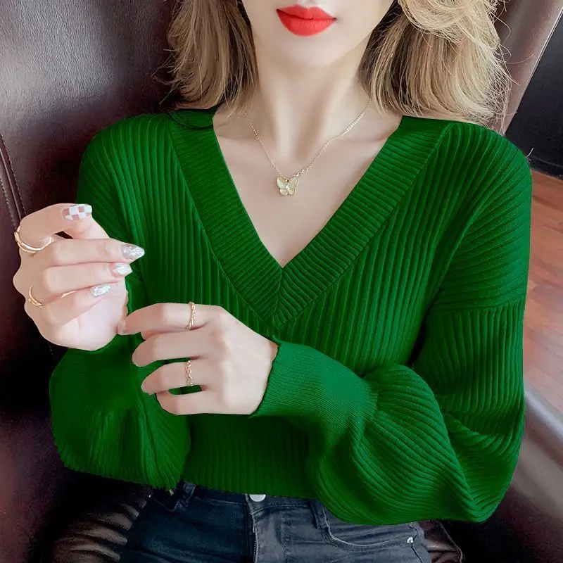 Fashion V-Neck Solid Color Knitted Lantern Sleeve Sweaters Women Clothing 2023 Autumn New Oversized Casual Pullovers Korean Tops