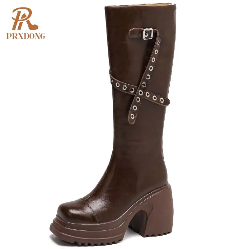 

PRXDONG 2024 New Brand retro Women Knee Boots Shoes Chunky High Heels Platform Black Brown Dress Party Lady Long Boots Size 39