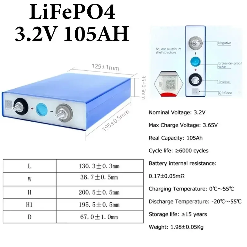 New 105Ah Lifepo4 battery 3.2V Lithium Iron Phosphate Rechargeable Cell DIY 12V 24V Motorcycle RV yacht Solar Camping Batteries