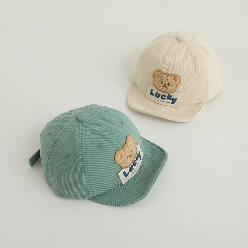 Korean Bear Baby Corduroy Baseball Hat Autumn Winter Toddler Soft Brim Peaked Cap Solid Color Cartoon Infant Boys Girls Bonnet