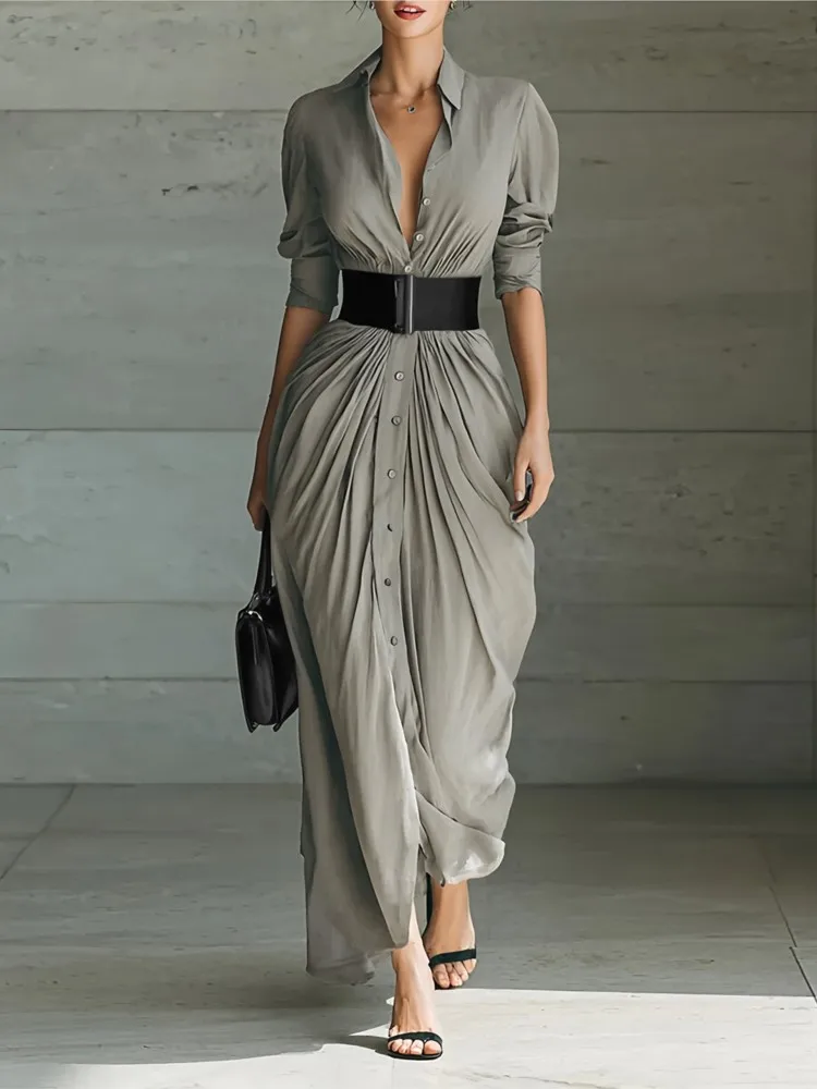 Lente Single Breasted Shirts Jurken Vrouw Revers Elegante Belted Slanke Geplooide Lange Jurk Herfst Lange Mouw Effen Feestjurk