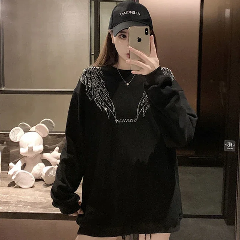 Female Streetwear Sweatshirt Grunge Plain Gothic Emo Graphic Tops Rhinestone Hippie Y2k Clothes for Women Black Pullover Autumn