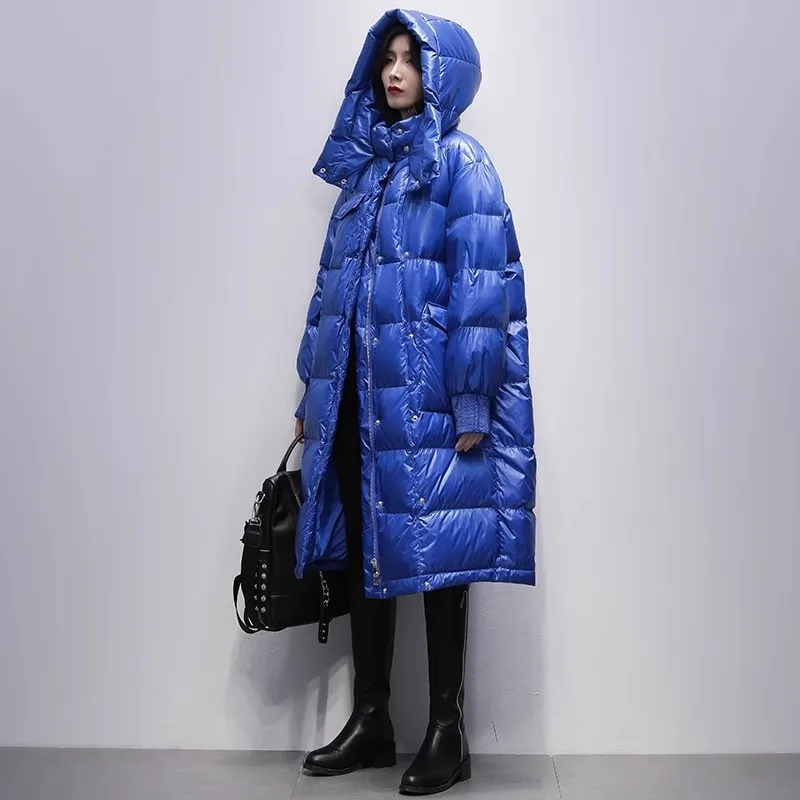 2025 Winter New Korean Edition Blue Glossy Hooded Down Coat Women's White Duck Down Thick Jackets Women Warm Parker Overcoat