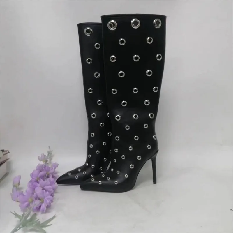 2024 Fashion Metal Ring Decoration Hollow Long Boots Fish Eyes Thin Heels Cool Boots New Autumn Leather Rivet Sexy Boots 34-44