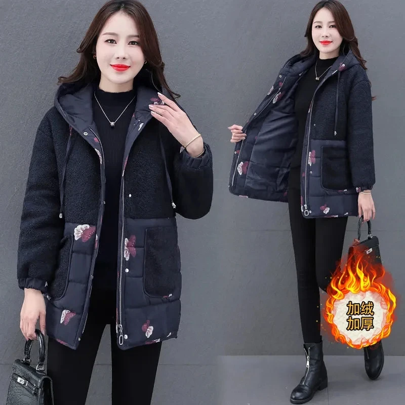 

Winter Jacket Women Padded Coat 2023 New Middle-aged Mother Loose Warm Parkas Female Hooded Printed Large Size Down Cotton Coats