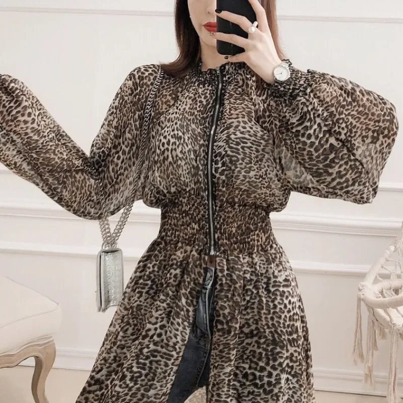 

Leopard Long Jackets Women Summer Breathable See Through Sun-proof Tunic Fashion Thin Elastic Waist Coats Sunscreen High Street