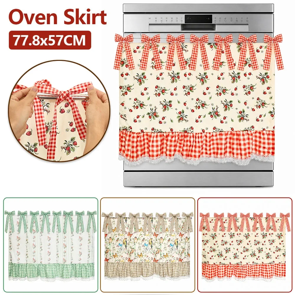 Farmhouse Oven Skirt Polyester Cotton Blend Stove Curtain with Lace Ruffle Trim Dishwasher Door Curtain for Home Kitchen Decor