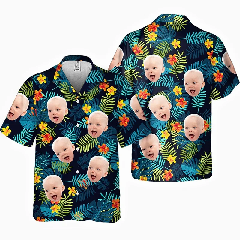 Custom Hawaiian Shirts DIY Ladies Gentlemen Baby Dog Cat Smile Face Avatar Fun 3D Print Button Shirts Short Sleeves DIY Shirts