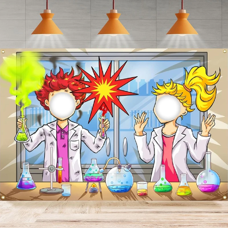 Chemistry Science Photography Backdrop Mad Scientist Face Cutout Photo Props Laboratory Explosion Background Party Backdrop Wall