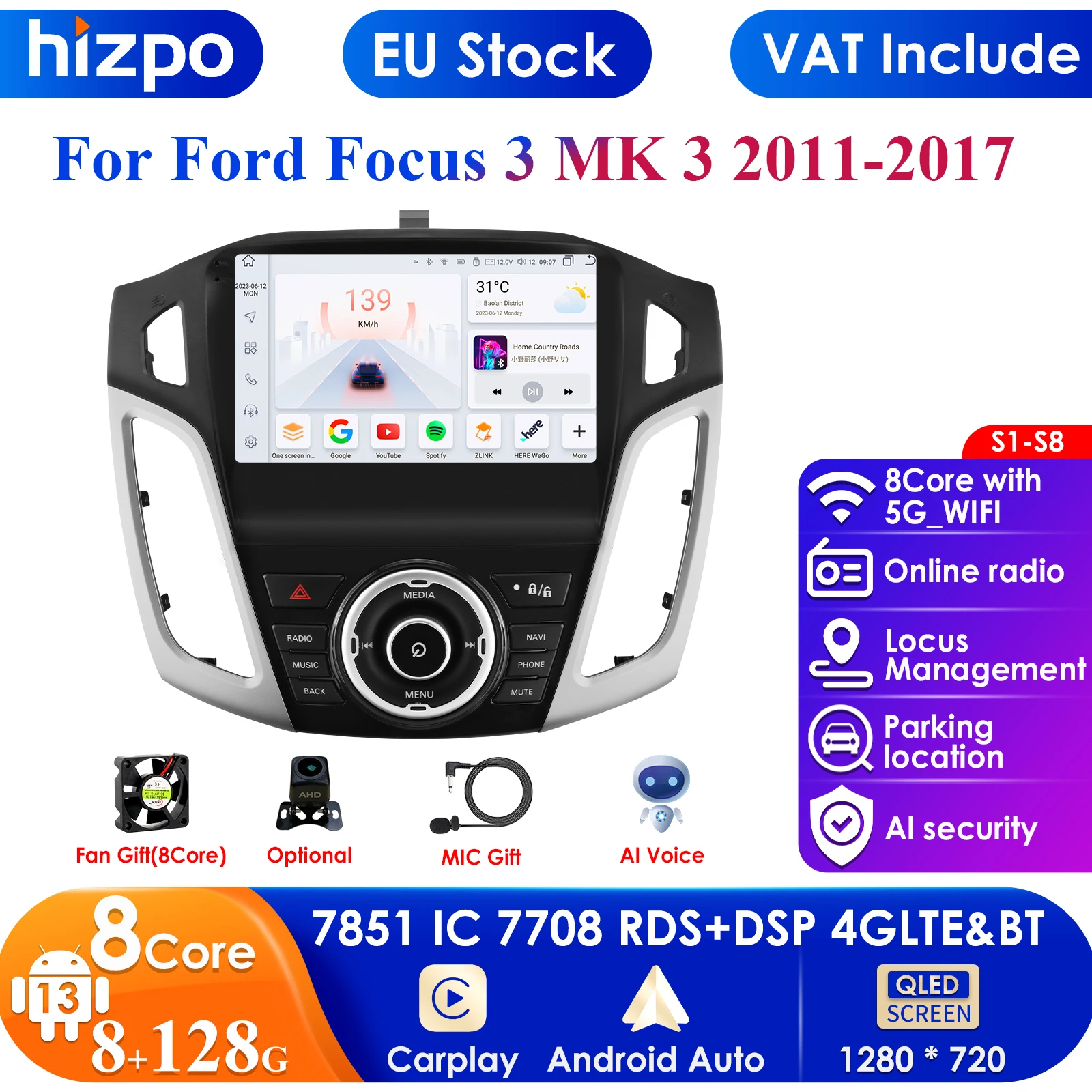 Hizpo Frame and its standard Power Cable for Ford Focus MK3 Car Autoradio with Power Cable without Head Unit Screen