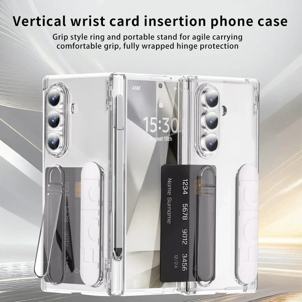 For Samsung Galaxy Z Fold 7 6 Case Luxury Built-in Pen Slot With Pen Wrist Strap Kicktand Holder Credit Card Slot Tempered Film