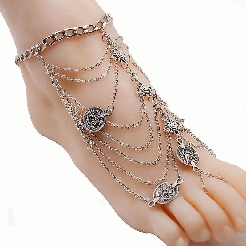 Delysia King 1pc Women Metal Coin Multilayer Tassel Anklet Trend Summer Beach Ankle Chain