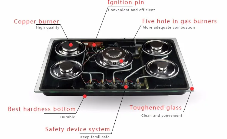 for Kitchen appliances tempered glass panel pulse ignition built in gas cooker with 4 burner