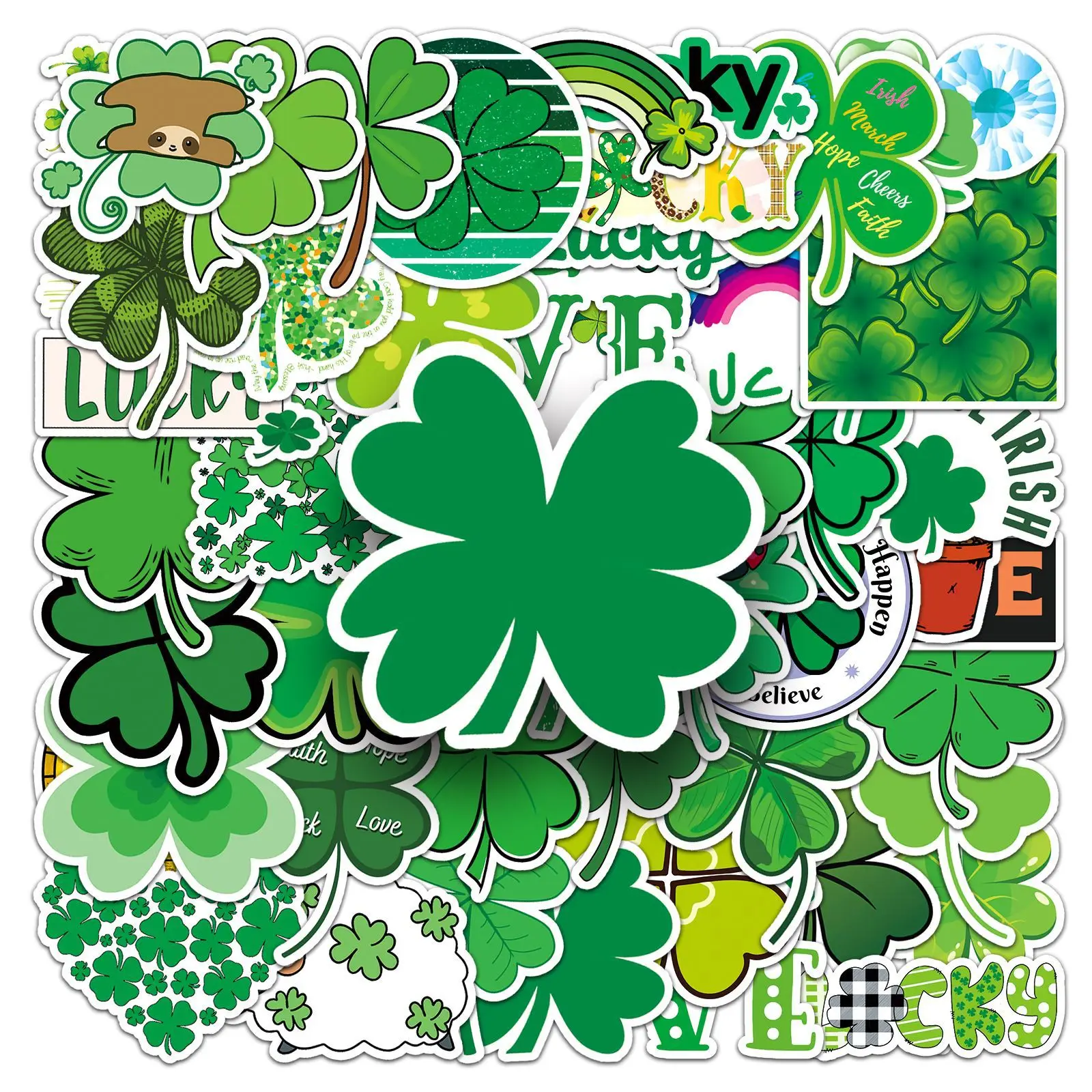 

50PCS Green Clover Stickers Lucky Shamrock Decals Waterproof Vinyl for Water Bottle Laptop Suitcase