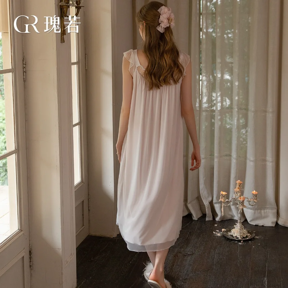 Long Loose Padded Nightgown Set for girls Mesh Lace Pearl Embellished Sleepwear Comfortable Loungewear for Women