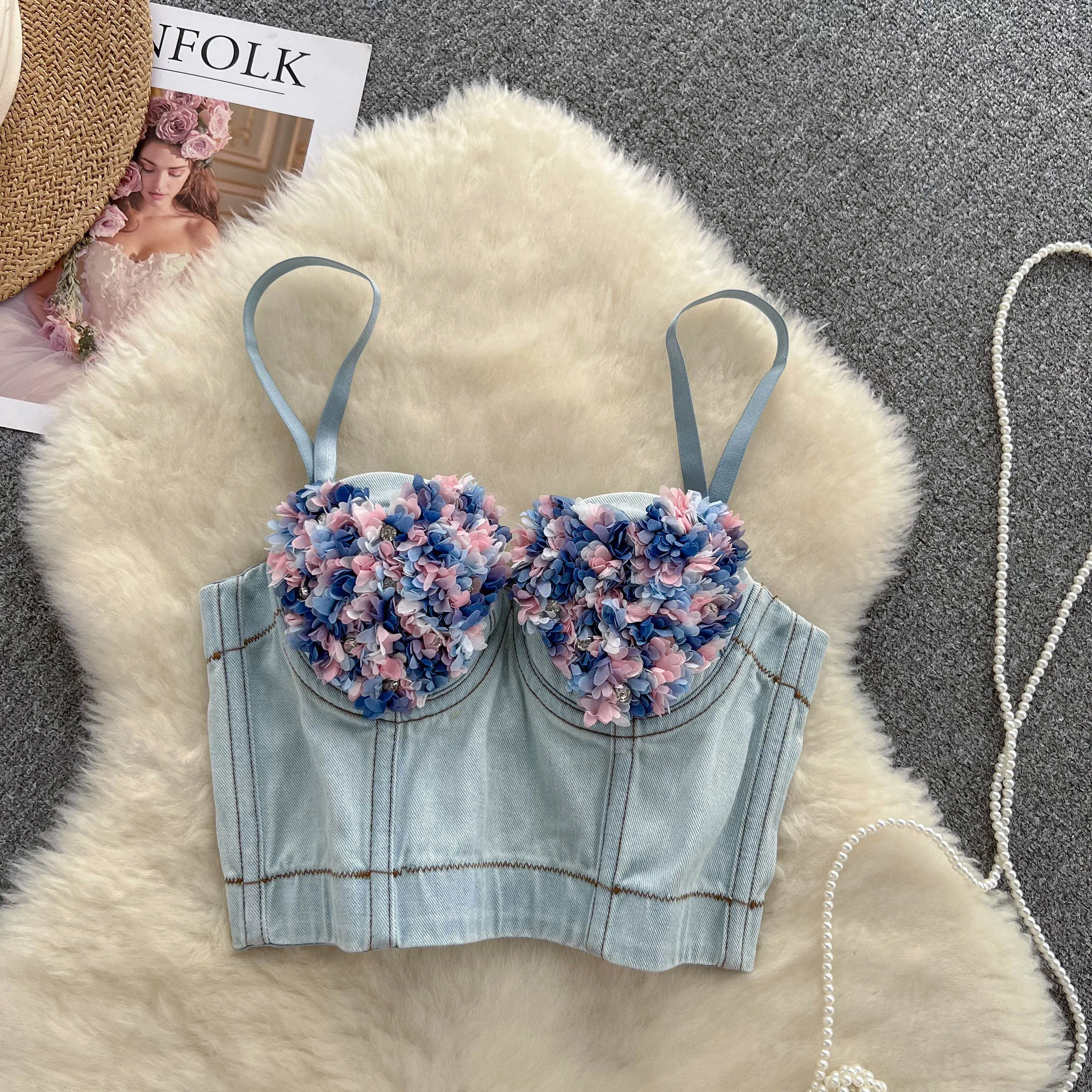 

Summer Denim Tank Top With Build In Bra Street Style Female Crop Tops Jeans Sleeveless Flower Patchwork Chic Camisole Skinny