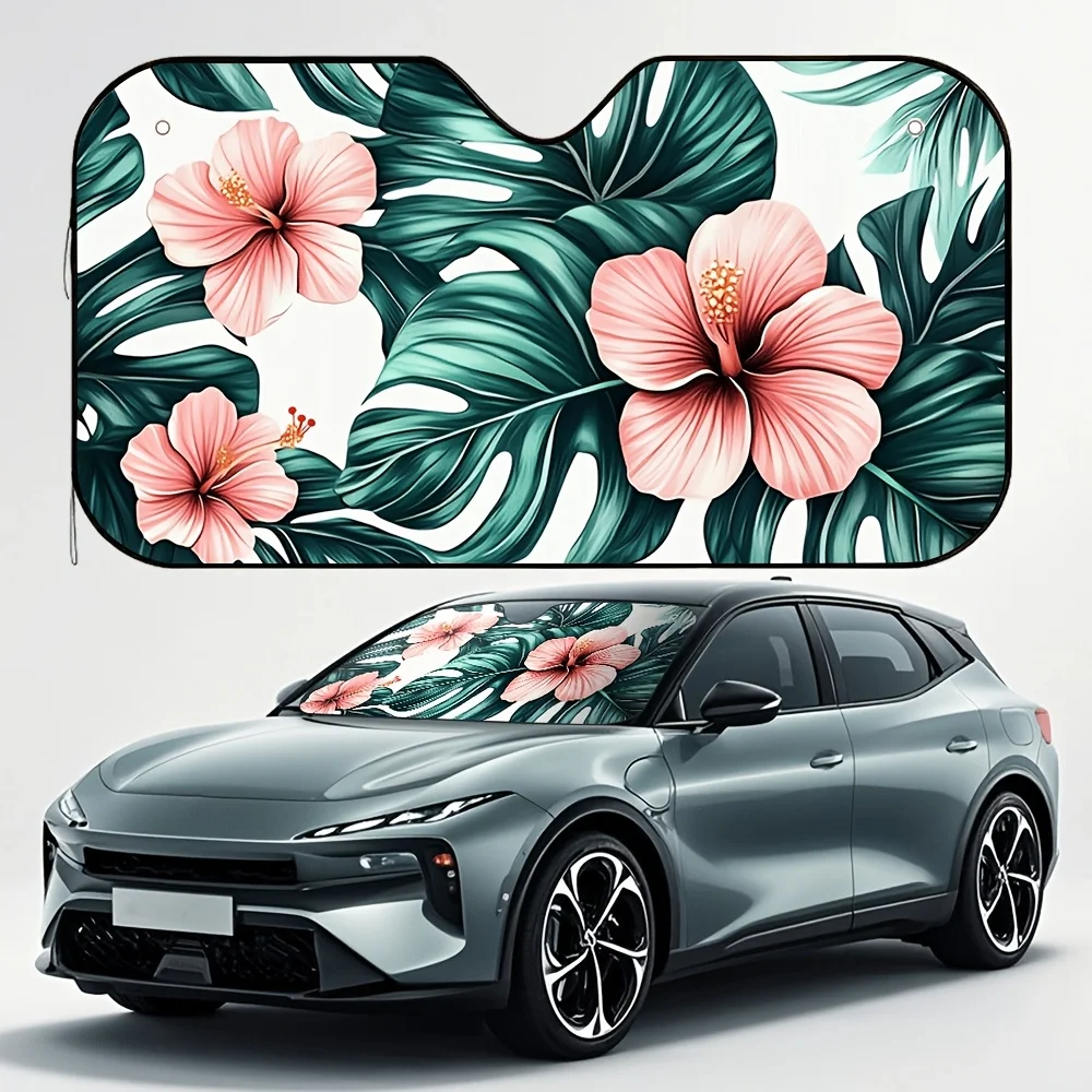 

1pc White Tropical Floral Wind Design Car Sunshade - Foldable UV Protection Sunshade With 4 Suction Cups, Stylish Hibiscus & Lea