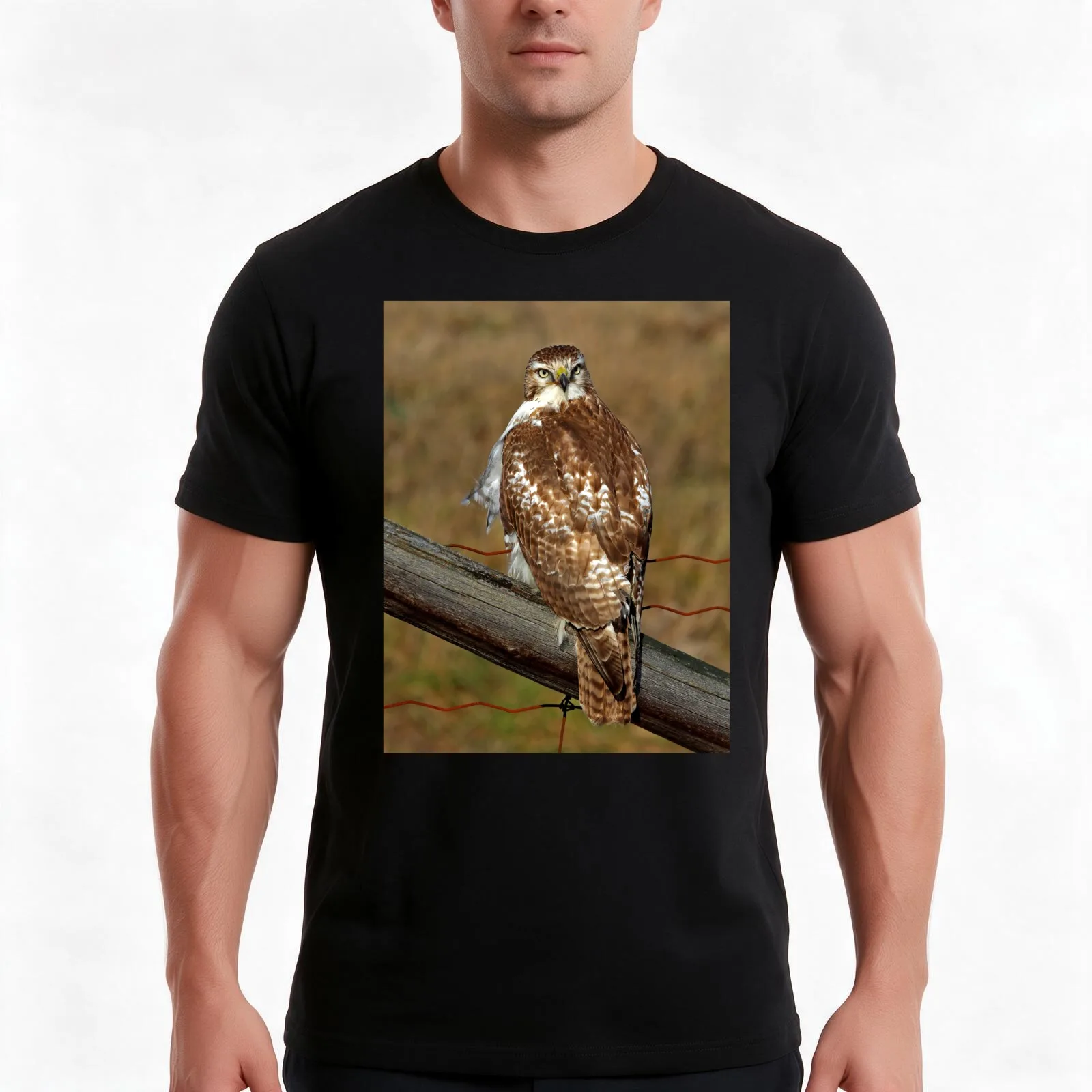 Red-tailed Hawk on fence T-Shirt, Summer Casual Cotton Tee, Oversized Streetwear Tops, Vintage Graphic Print, Unisex Men Women