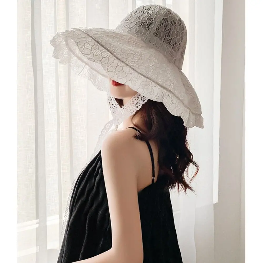 Lace Lace-up Bucket Hat Women Lightweight Windbreak Rope Sunshade Basin Hat Sun Cap Beach Hat