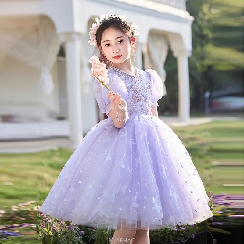 Purple Girls Party Dress Princess Gown Kids Formal Outfit Birthday Pageant Piano Recital Performance Host Flower Girl Wedding